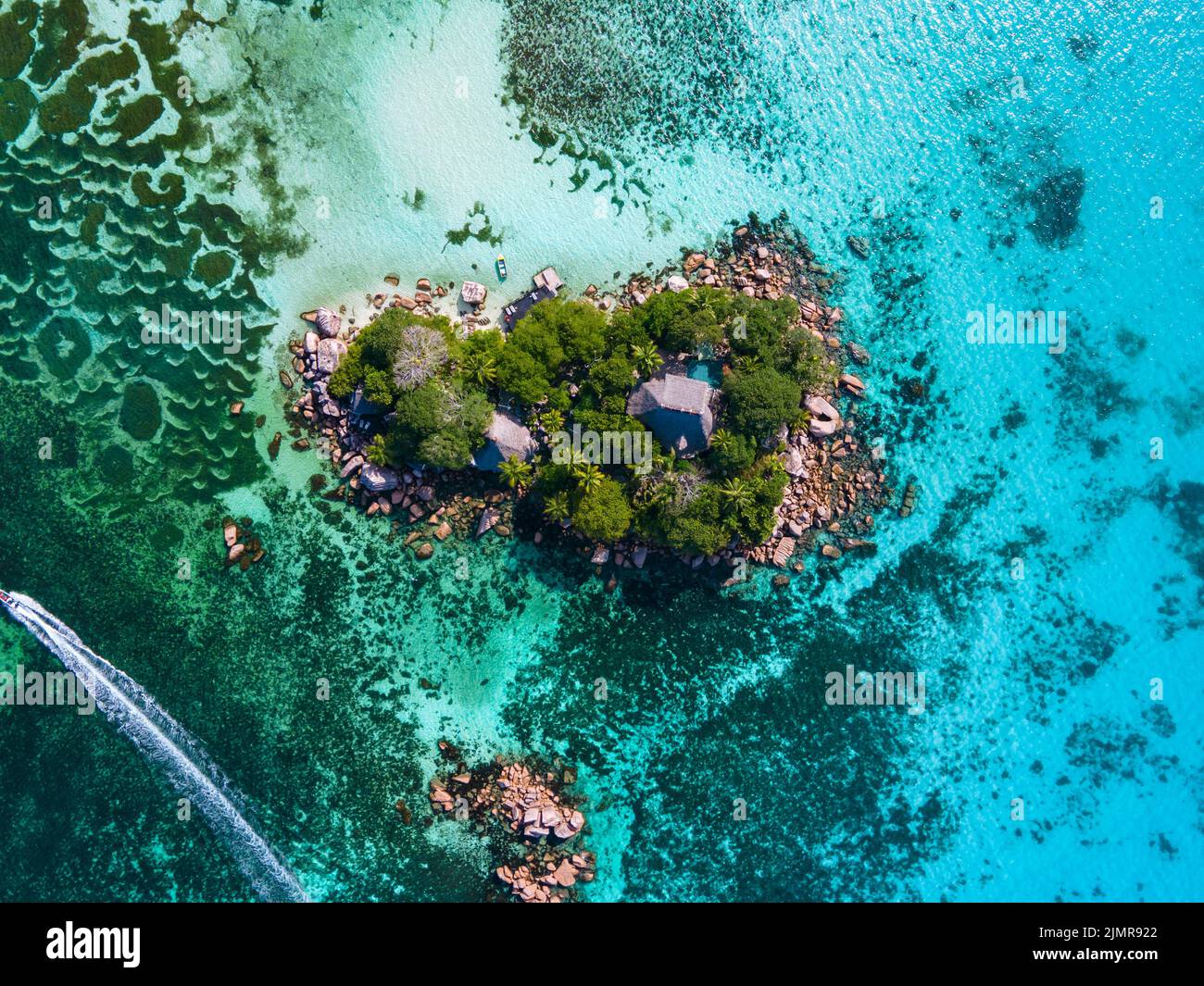 Anse Volbert, Praslin island in Seychelles aerial view on anse volvert cota d'or beach on Praslin island in Seychelles Stock Photo