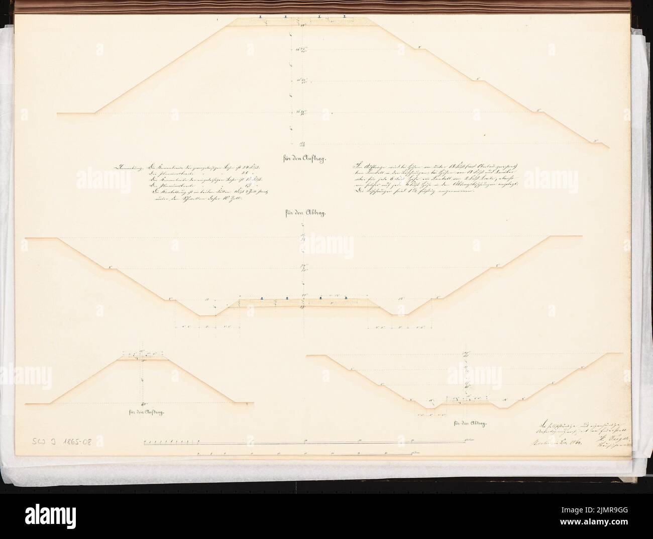 Taeger Hermann (1837-1918), connecting railway for Berlin. Schinkel competition 1865 (1865): 4 terrain profiles for filling and excavation; 2 scale strips; Explanation text. Tusche watercolor on the box, 48 x 63.5 cm (including scan edges) Taeger Hermann  (1837-1918): Verbindungsbahn für Berlin. Schinkelwettbewerb 1865 Stock Photo