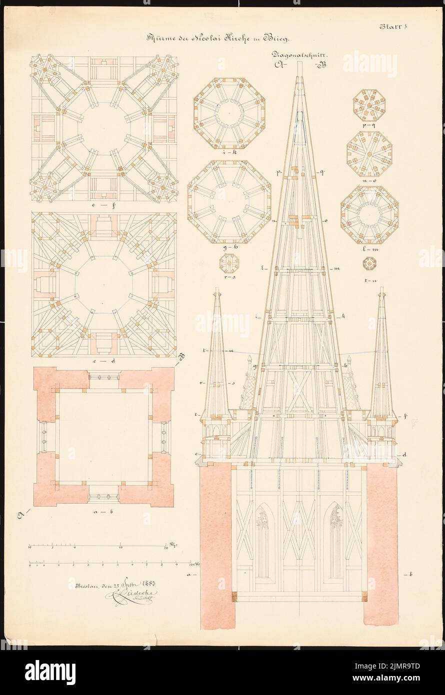 Lüdecke Carl Johann Bogislaw (1826-1894), Evangelical Nikolaikirche in Brieg. Restoration (25.09.1883): Towers Diagonal Section A - B, layer cracks A - B, C - D, E - F, G - H, I - K, L - M, N - O, P - Q, scale strips. Ink and pencil watercolored on the box, 74.2 x 50.8 cm (including scan edges) Lüdecke Carl Johann Bogislaw  (1826-1894): Evangelische Nikolaikirche, Brieg. Restaurierung Stock Photo