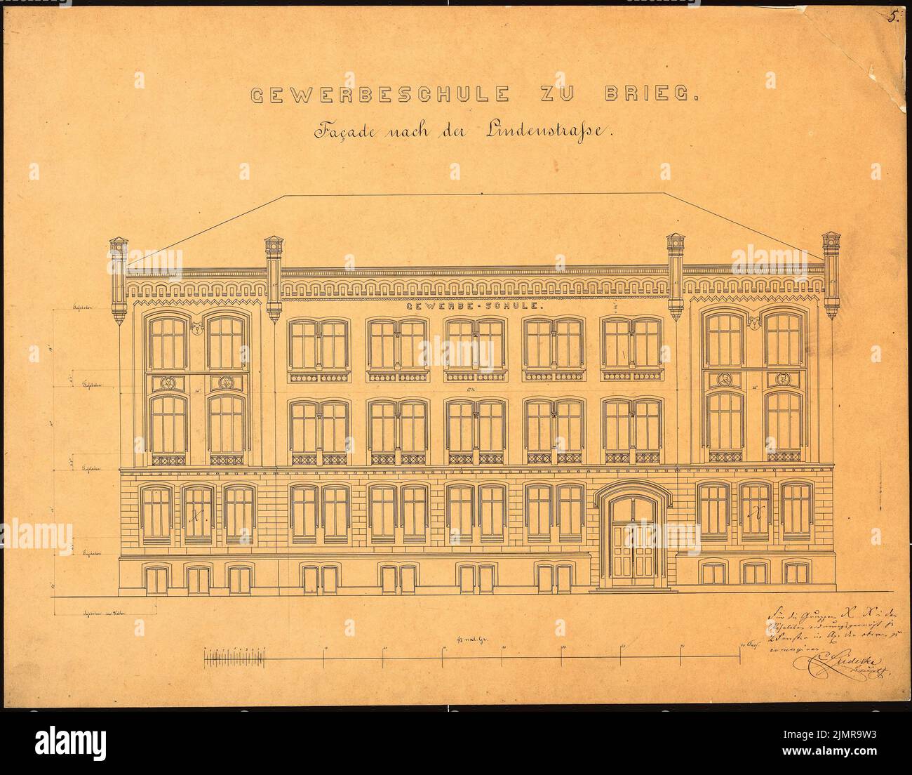 Lüdecke Carl Johann Bogislaw (1826-1894), trade school in Brieg (1871): Lindenstraße, scale bar 1:72 NAT. GR .. ink on paper, 51.5 x 66 cm (including scan edges) Lüdecke Carl Johann Bogislaw  (1826-1894): Gewerbeschule, Brieg Stock Photo