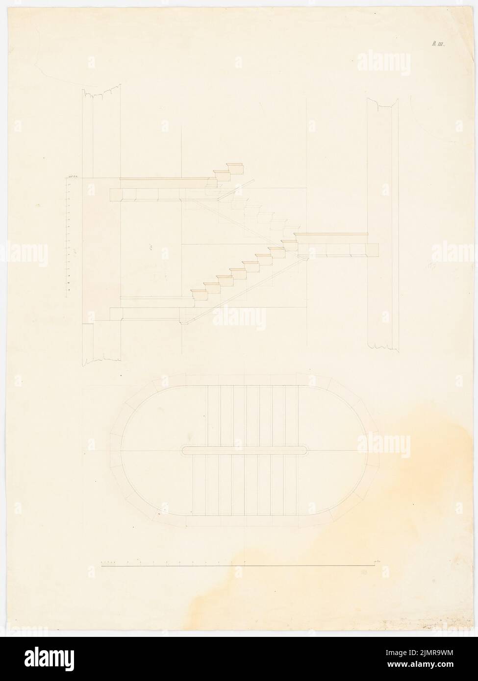 Langhans Carl Ferdinand (1782-1869), Royal Opera in Berlin. Reconstruction (18.08.1843): B III: Western gallery staircase for 2nd place in floor plan and cut. Ink, ink colored, watercolor on paper, 79.1 x 59.4 cm (including scan edges) Langhans Carl Ferdinand  (1782-1869): Königliche Oper, Berlin. Wiederaufbau Stock Photo