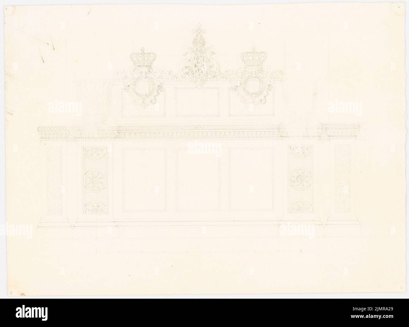 Langhans Carl Ferdinand (1782-1869), Royal Opera in Berlin. Reconstruction of the Apollosaal (18.08.1843): Prerequisite for wall design (detailed drawing for Inv.No. 5778: Figure painting for the ceiling in the auditorium). Pencil on cardboard, 25.6 x 35.1 cm (including scan edges) Langhans Carl Ferdinand  (1782-1869): Königliche Oper, Berlin. Wiederaufbau des Apollosaales Stock Photo