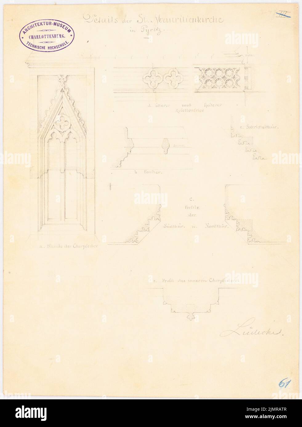 Lüdecke Carl Johann Bogislaw (1826-1894), St. Mauritiuskirche in Pyritz. Restoration and recording (approx. 1853): masonry details in a cut and view (with scale bar). Pencil on cardboard, 32.7 x 24.7 cm (including scan edges) Lüdecke Carl Johann Bogislaw  (1826-1894): St. Mauritiuskirche, Pyritz. Restaurierung und Aufnahme Stock Photo