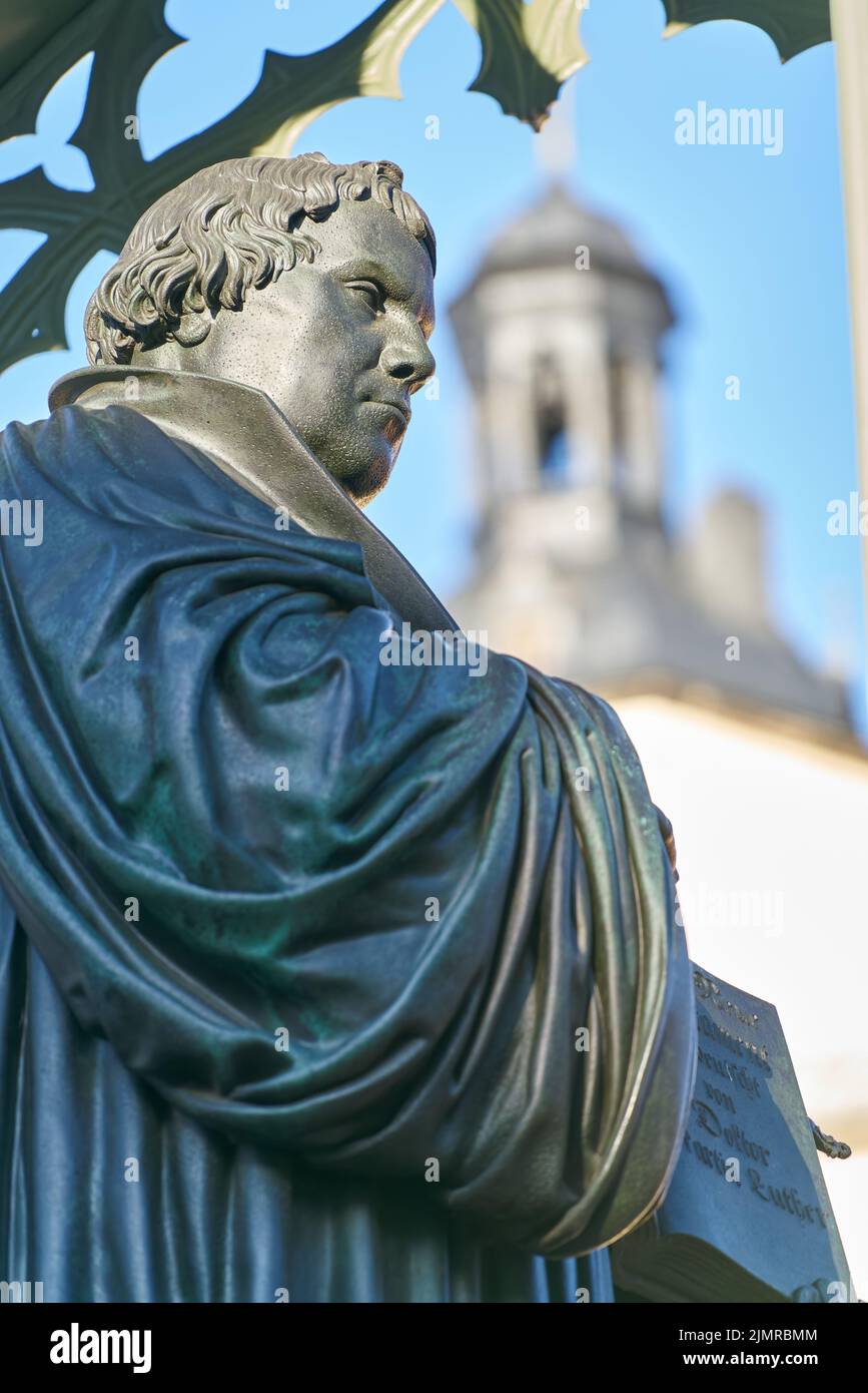 Martin Luther monument from 1821 on the market place of Wittenberg in Germany Stock Photo