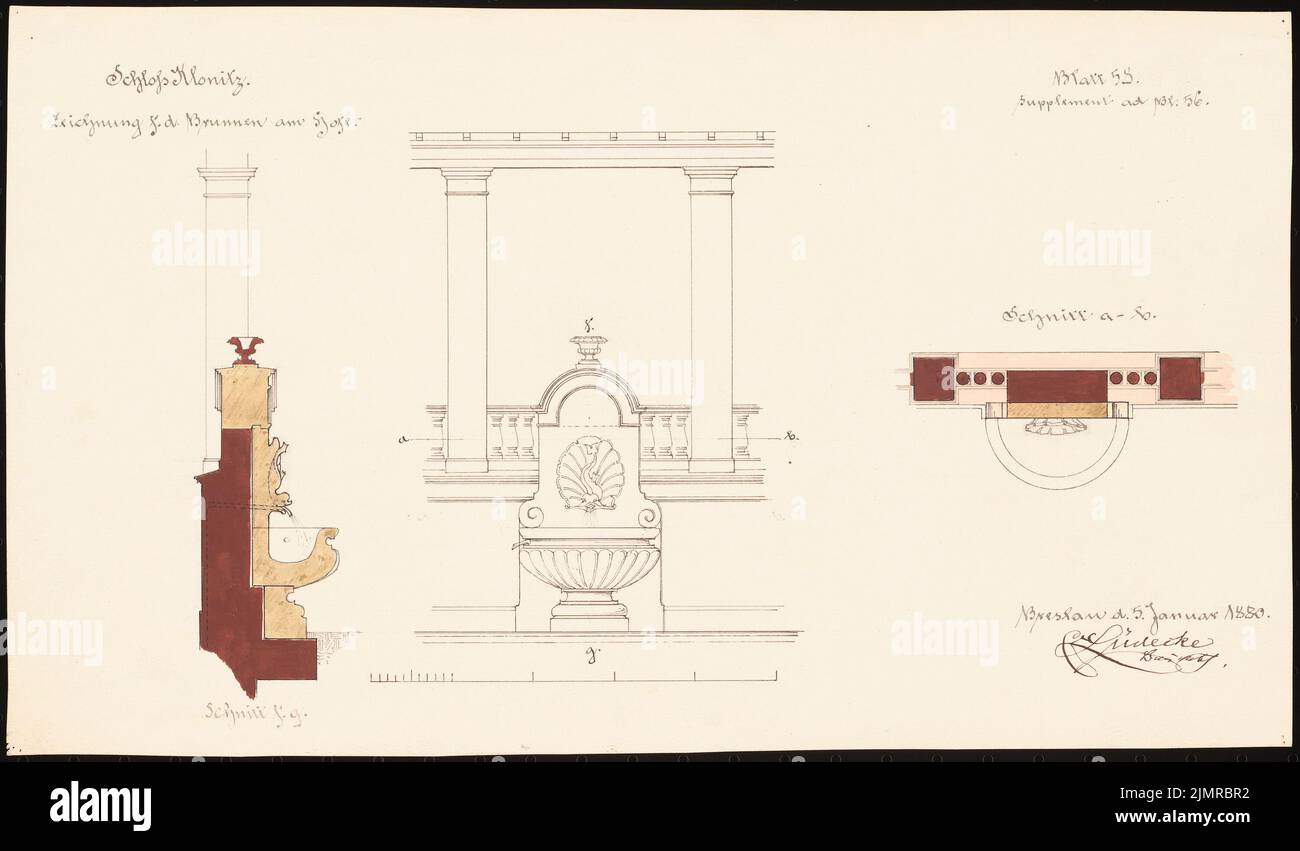 Lüdecke Carl Johann Bogislaw (1826-1894), Klonitz Castle. Conversion and expansion (05.01.1880): 2 cuts and 1 recovering of the fountain, scale bar. Ink and pencil watercolored on the box, 21 x 35.8 cm (including scan edges) Lüdecke Carl Johann Bogislaw  (1826-1894): Schloss Klonitz. Umbau und Ausbau Stock Photo