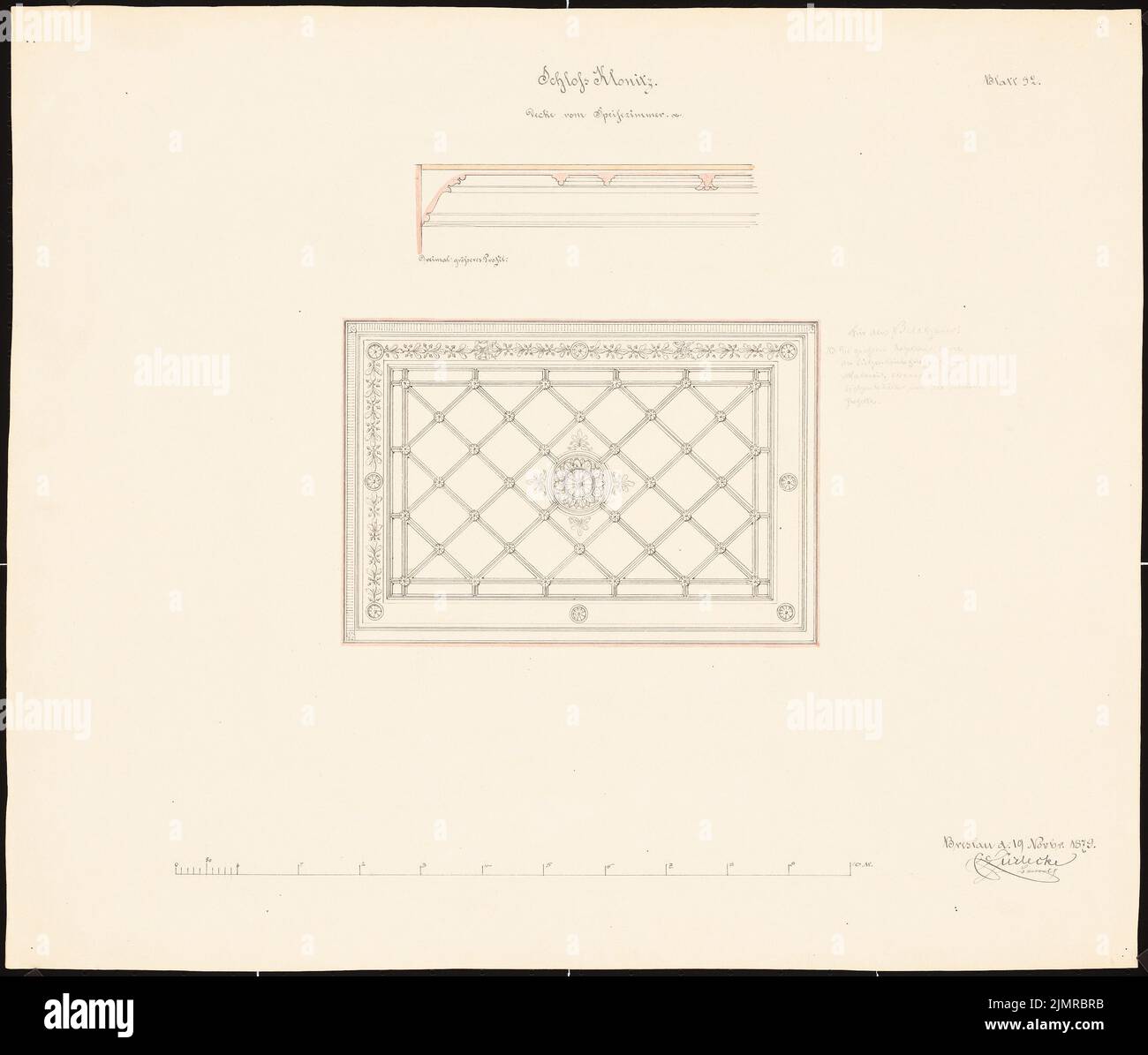 Lüdecke Carl Johann Bogislaw (1826-1894), Klonitz Castle. Conversion and expansion (November 19, 1879): Ceiling mirror and partial cut of the dining room blanket, scale bar. Ink and pencil watercolored on the box, 47.4 x 55.7 cm (including scan edges) Lüdecke Carl Johann Bogislaw  (1826-1894): Schloss Klonitz. Umbau und Ausbau Stock Photo