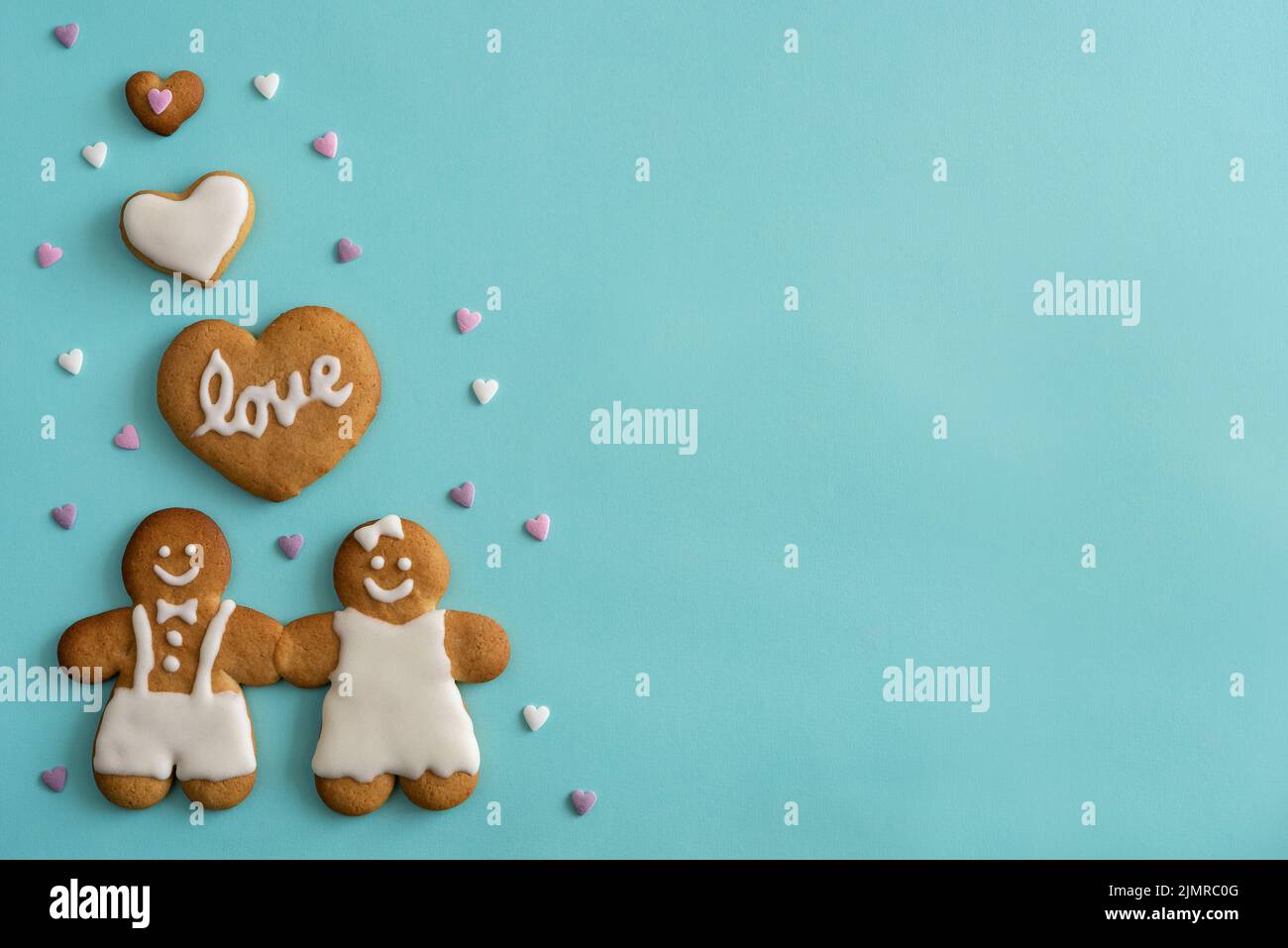 Gingerbread cookies in the shape of hearts, gingerbread men Stock Photo