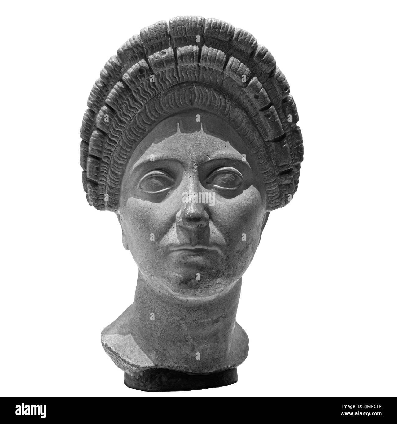 Ancient white marble sculpture head of young woman. Statue of sensual