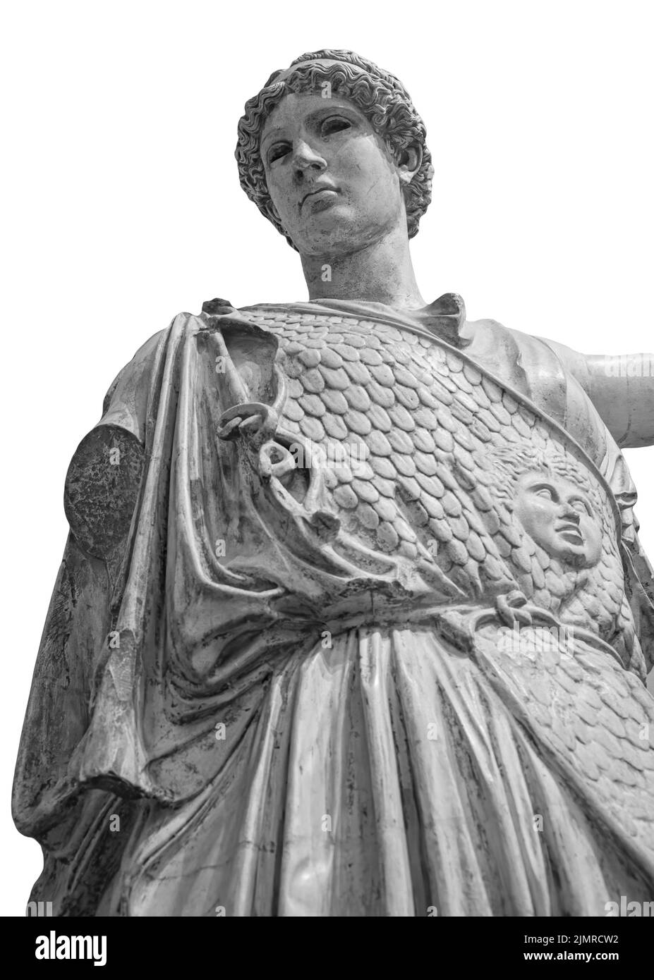 Ancient Greek Roman statue of goddess Athena god of wisdom and the arts historical sculpture isolated on white. Marble woman in Stock Photo