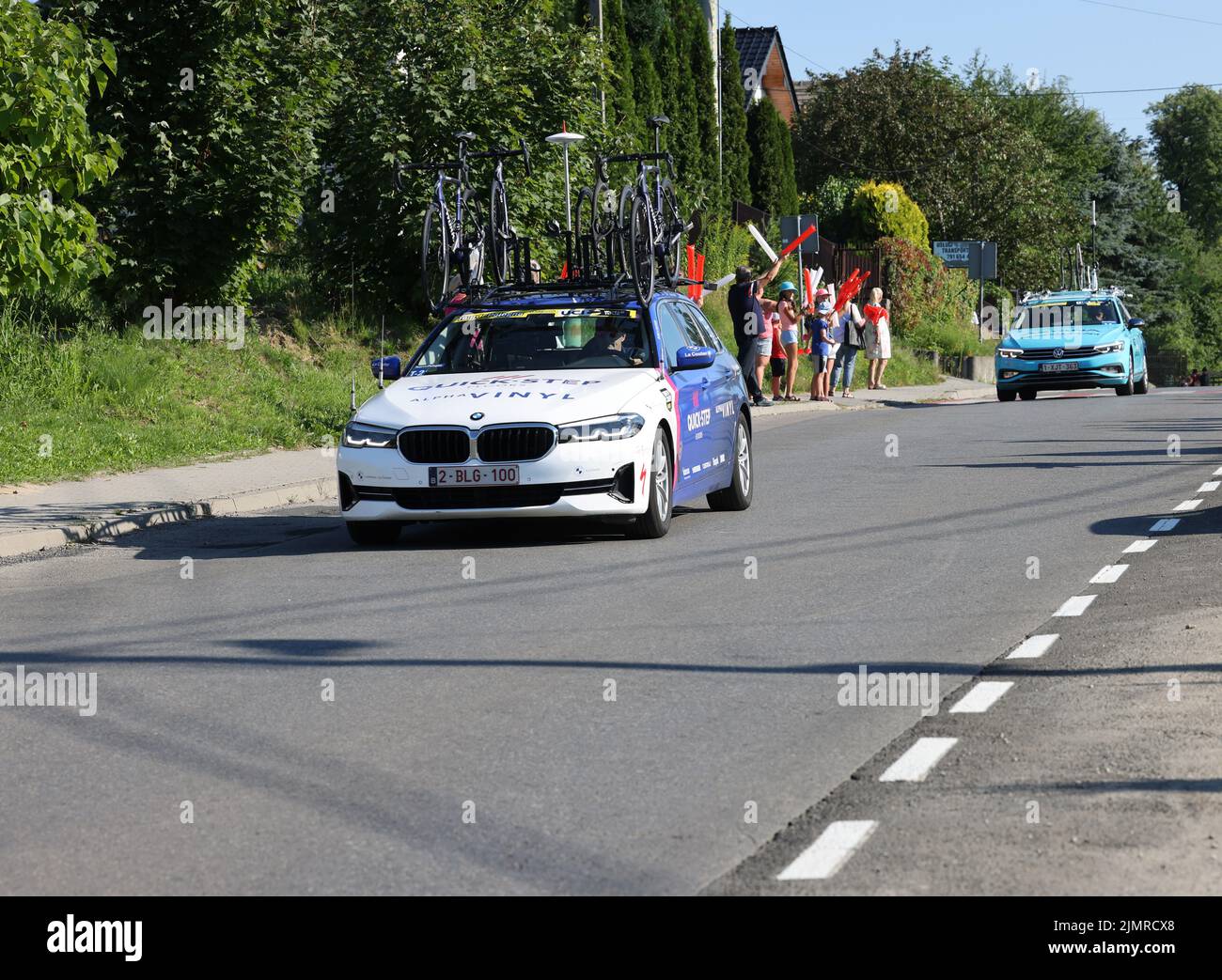 Krakow, Poland - August 5, 2022:  Quick-Step Alpha Vinyl Team vehicle on the route of Tour de Pologne UCI – World Tour, stage 7 Skawina - Krakow. The biggest cycling event in Eastern Europe. Stock Photo