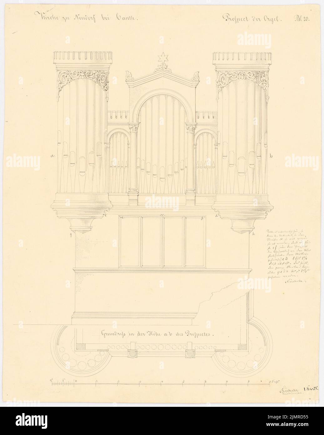 Lüdecke Carl Johann Bogislaw (1826-1894), Catholic Church in Neudorf near Kanth (02.1858): Organ brochure, floor plan in height from the prospectus, scale strip (foot), handwritten explanations Lüdeck on the right side (signed). Pencil and ink on cardboard, 44.8 x 35.7 cm (including scan edges) Lüdecke Carl Johann Bogislaw  (1826-1894): Katholische Kirche, Neudorf bei Kanth Stock Photo