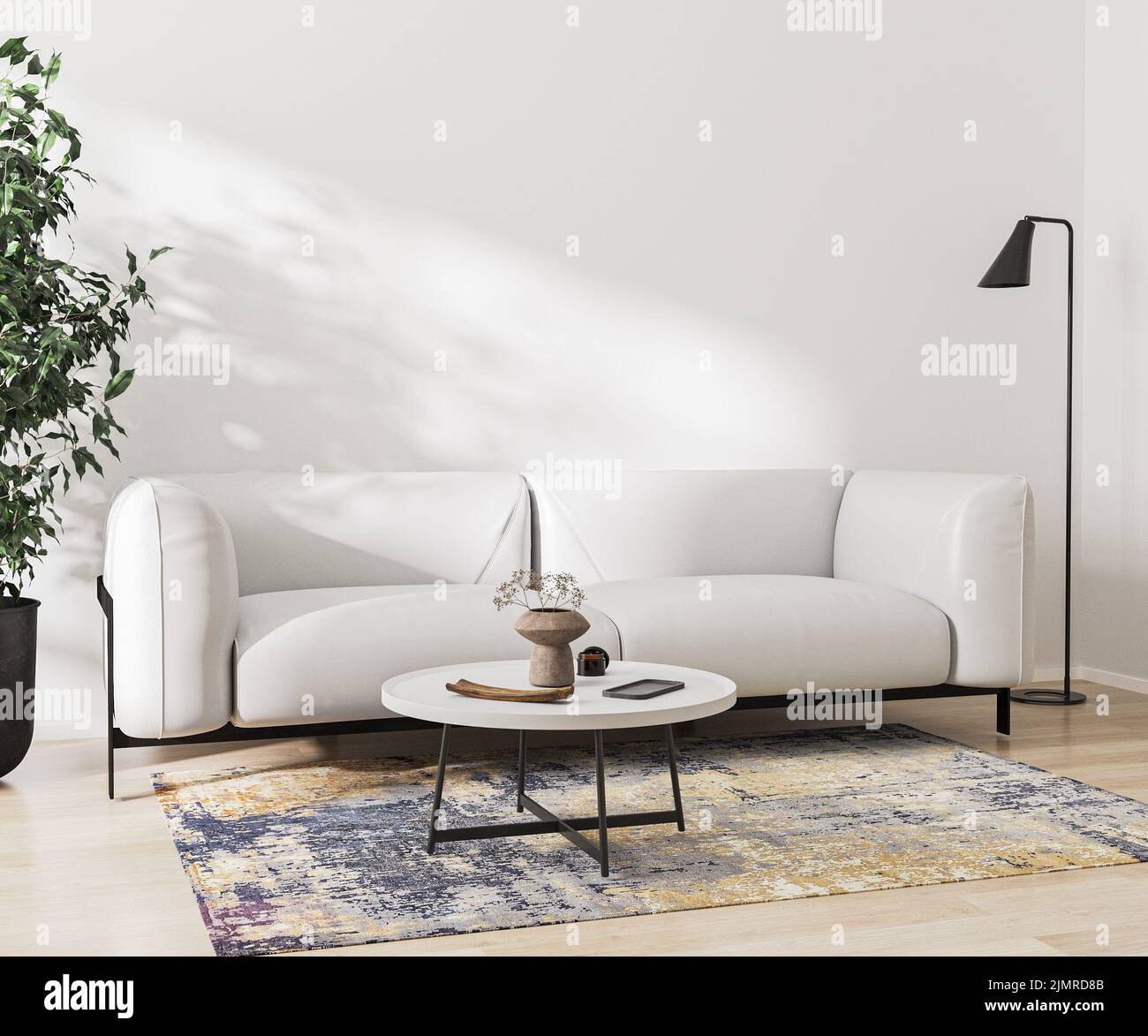 Living room with white sofa, coffee table, floor lamp, wooden floor