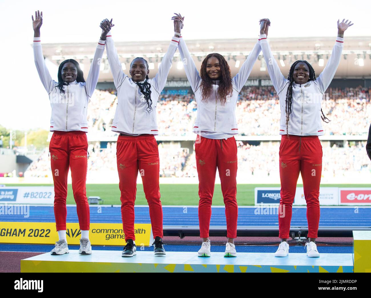 Birmingham, UK. 7th Aug, 2022. The Women's England 4x100m relay team collect their Silver medal during Day 10 of the Commonwealth Games at Alexander Stadium, Birmingham. Picture credit should read: Paul Terry Credit: Paul Terry Photo/Alamy Live News Stock Photo