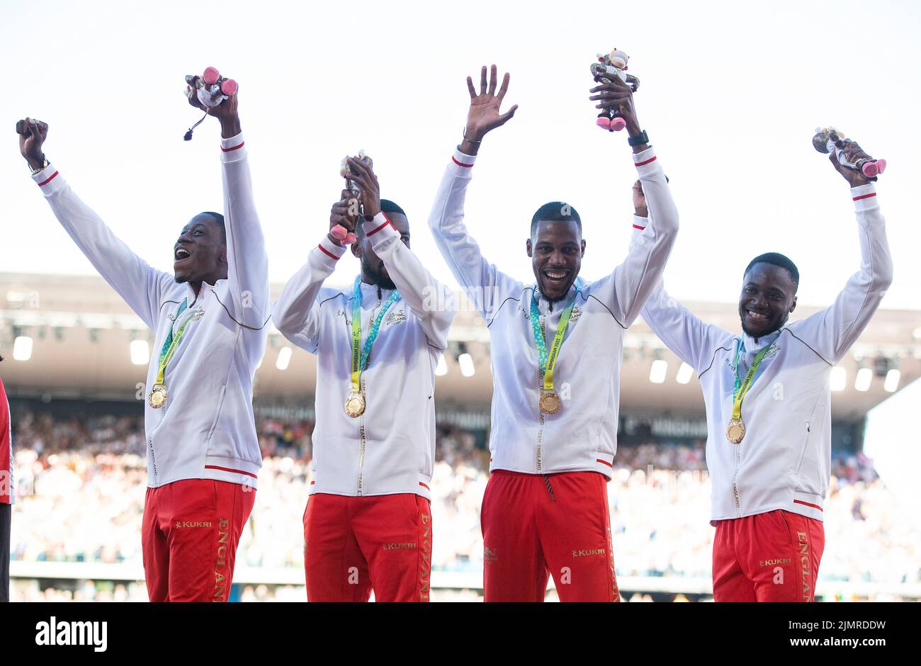 Birmingham, UK. 7th Aug, 2022. The Men's England 4x100m relay team collect their gold medal during Day 10 of the Commonwealth Games at Alexander Stadium, Birmingham. Picture credit should read: Paul Terry Credit: Paul Terry Photo/Alamy Live News Stock Photo