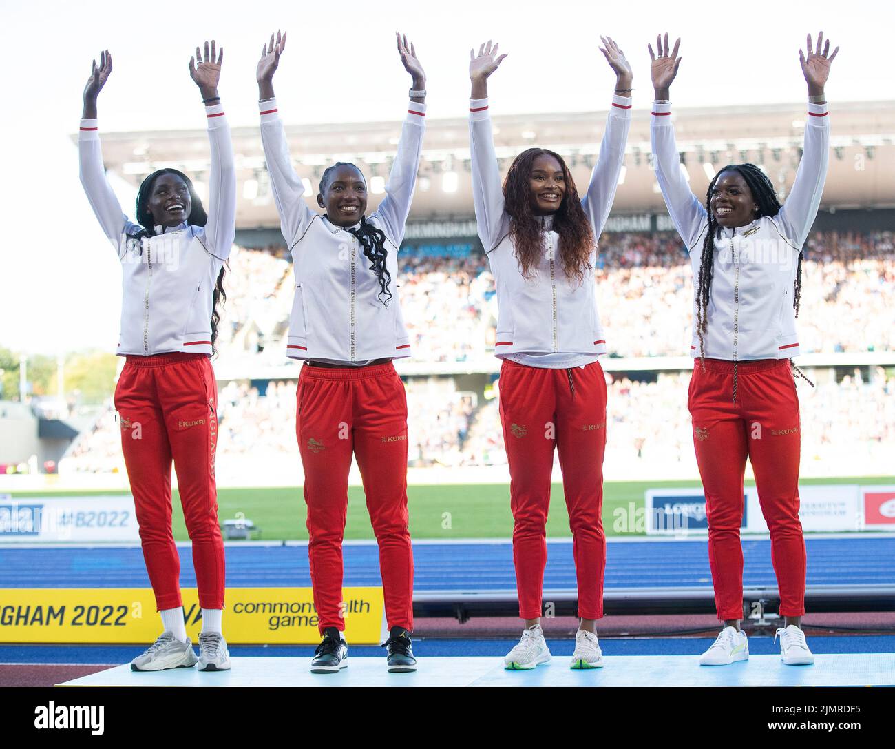 Birmingham, UK. 7th Aug, 2022. The Women's England 4x100m relay team collect their Silver medal during Day 10 of the Commonwealth Games at Alexander Stadium, Birmingham. Picture credit should read: Paul Terry Credit: Paul Terry Photo/Alamy Live News Stock Photo