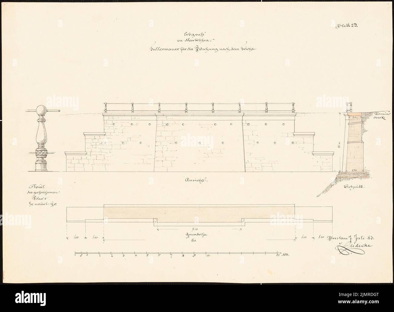Lüdecke Carl Johann Bogislaw (1826-1894), hereditary crypt Woller in Marklissa (07.07.1883): View, floor plan and cut the feed wall for the embankment to the pond, detail of the cast iron pilar, scale bar. Tusche watercolor on the box, 36.4 x 50.3 cm (including scan edges) Lüdecke Carl Johann Bogislaw  (1826-1894): Erbgruft Woller, Marklissa Stock Photo