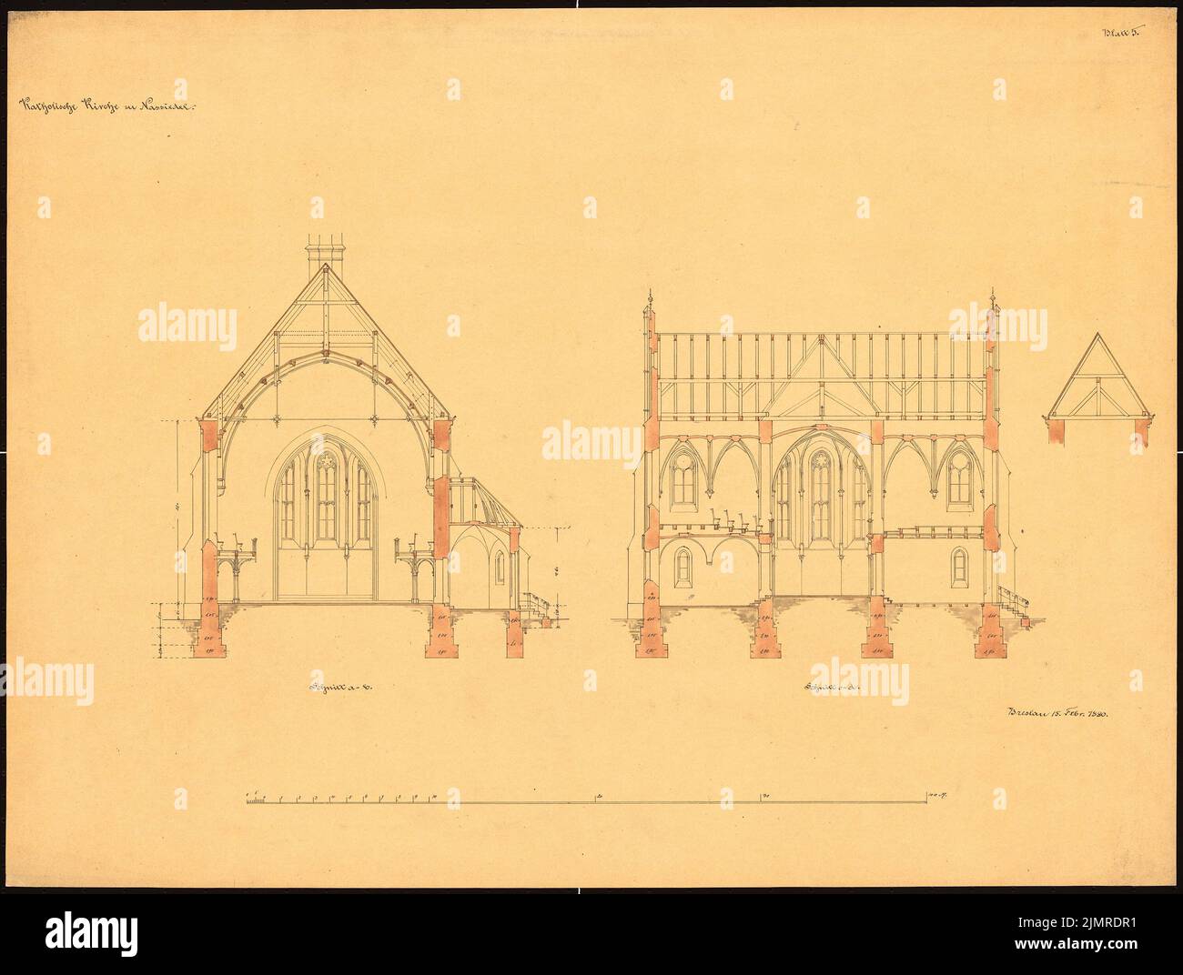 Lüdecke Carl Johann Bogislaw (1826-1894), Catholic Church in Nassiedel (February 15, 1880): 1 cross-section through the nave, 1 longitudinal section through the transept, 1 detailed cut through the roof structure, scale bar. Tusche watercolor on transparent, 53.5 x 70.7 cm (including scan edges) Lüdecke Carl Johann Bogislaw  (1826-1894): Katholische Kirche, Nassiedel Stock Photo