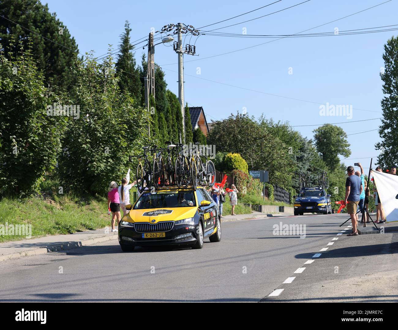 Krakow, Poland - August 5, 2022:  Jumbo Visma Team vehicle on the route of Tour de Pologne UCI – World Tour, stage 7 Skawina - Krakow. The biggest cycling event in Eastern Europe. Stock Photo