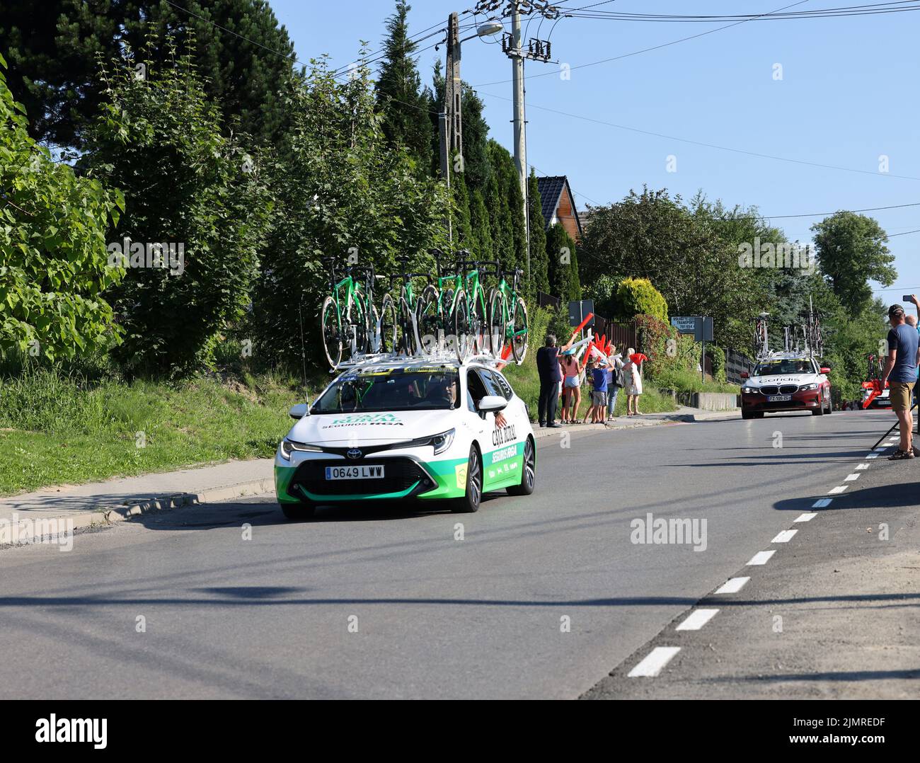 Krakow, Poland - August 5, 2022:  Caja Rural Team vehicle on the route of Tour de Pologne UCI – World Tour, stage 7 Skawina - Krakow. The biggest cycling event in Eastern Europe. Stock Photo