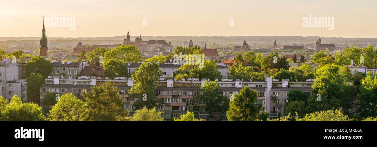 Panorama of the Krakow old town at sunset seen from Krakus Mound, Poland Stock Photo