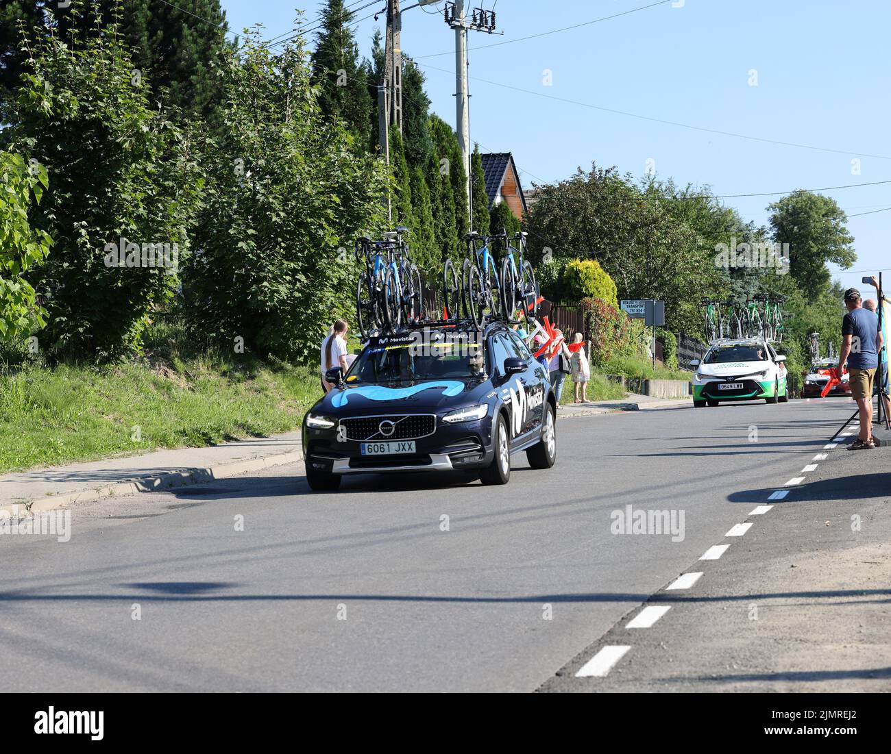 Krakow, Poland - August 5, 2022:  Movistar Team vehicle on the route of Tour de Pologne UCI – World Tour, stage 7 Skawina - Krakow. The biggest cycling event in Eastern Europe. Stock Photo