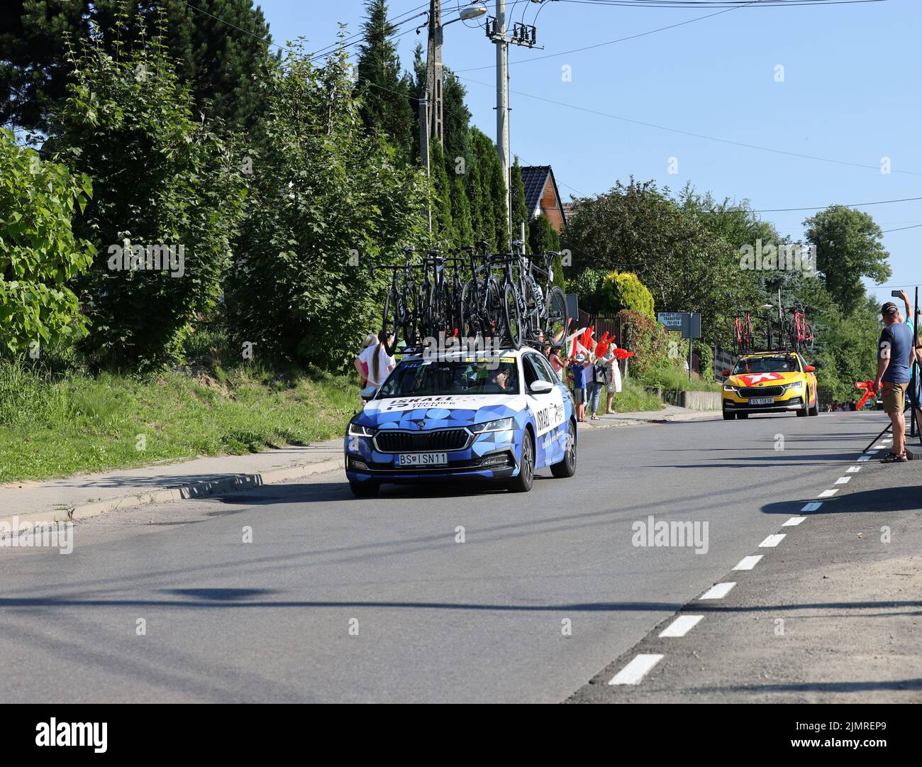 Krakow, Poland - August 5, 2022:  Israel Premier Tech Team vehicle on the route of Tour de Pologne UCI – World Tour, stage 7 Skawina - Krakow. The biggest cycling event in Eastern Europe. Stock Photo
