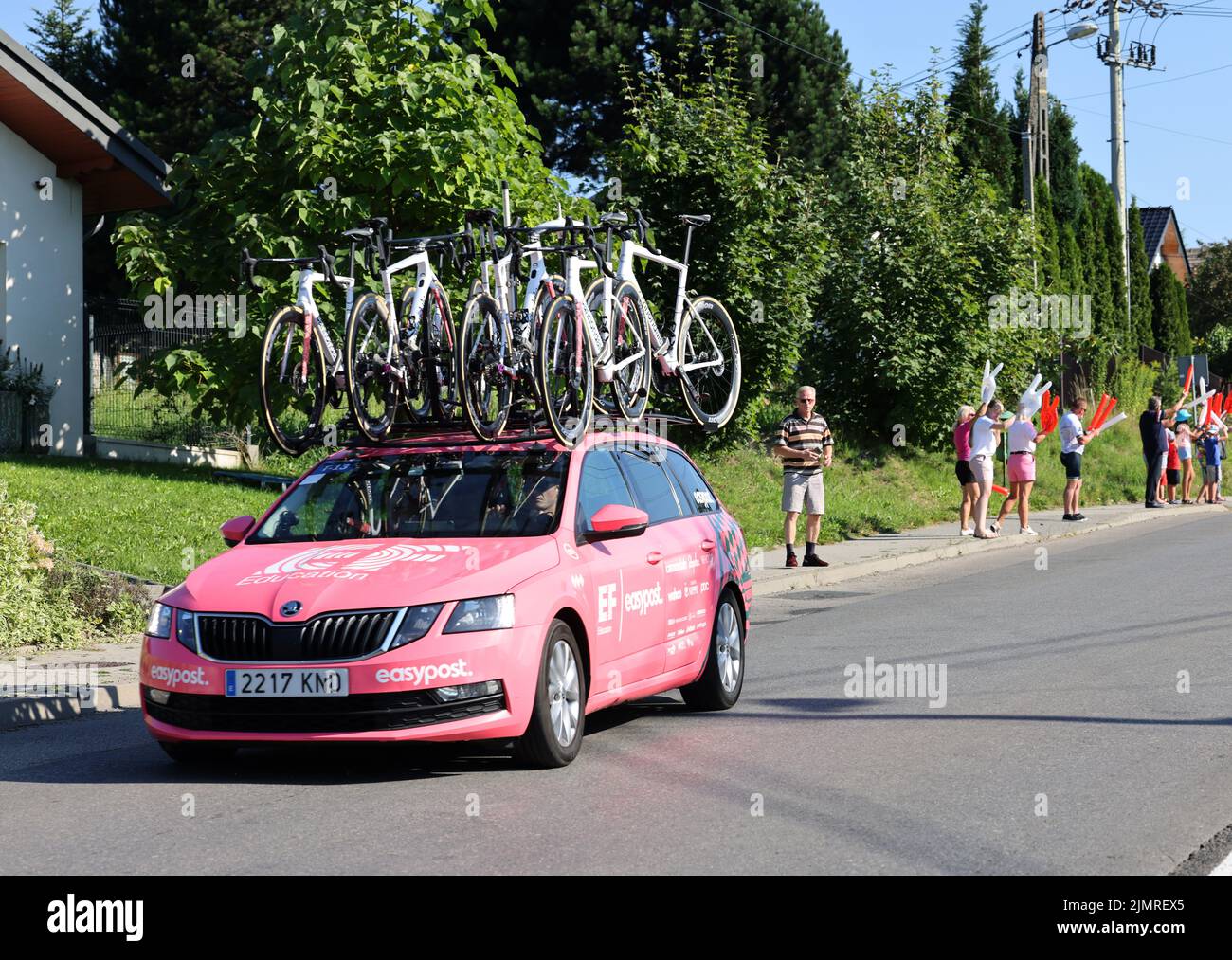 Krakow, Poland - August 5, 2022:  EF Education Easypost Team vehicle on the route of Tour de Pologne UCI – World Tour, stage 7 Skawina - Krakow. The biggest cycling event in Eastern Europe. Stock Photo
