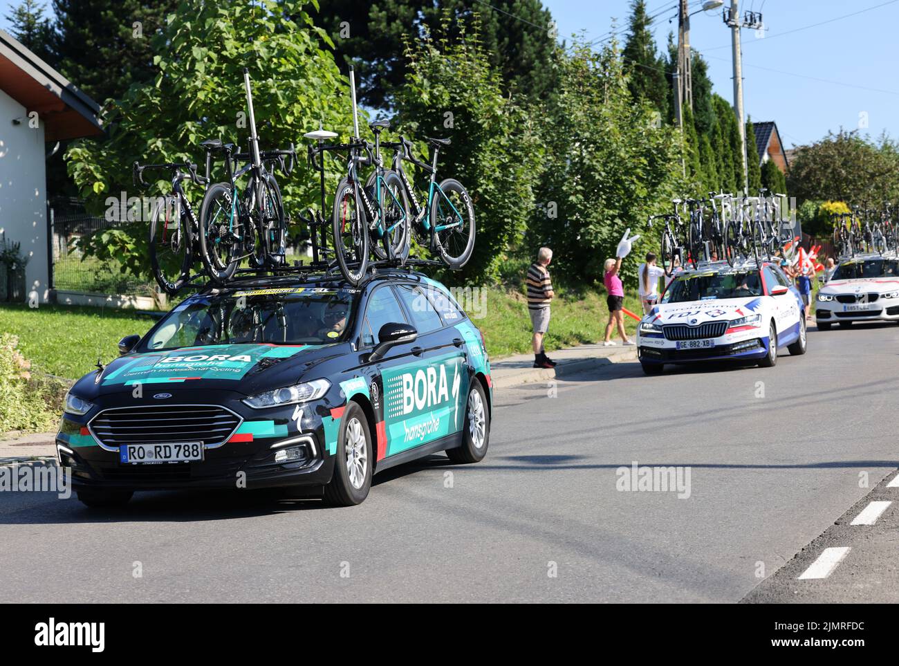 Krakow, Poland - August 5, 2022:  Bora Hansgrohe  Team vehicle on the route of Tour de Pologne UCI – World Tour, stage 7 Skawina - Krakow. The biggest cycling event in Eastern Europe. Stock Photo