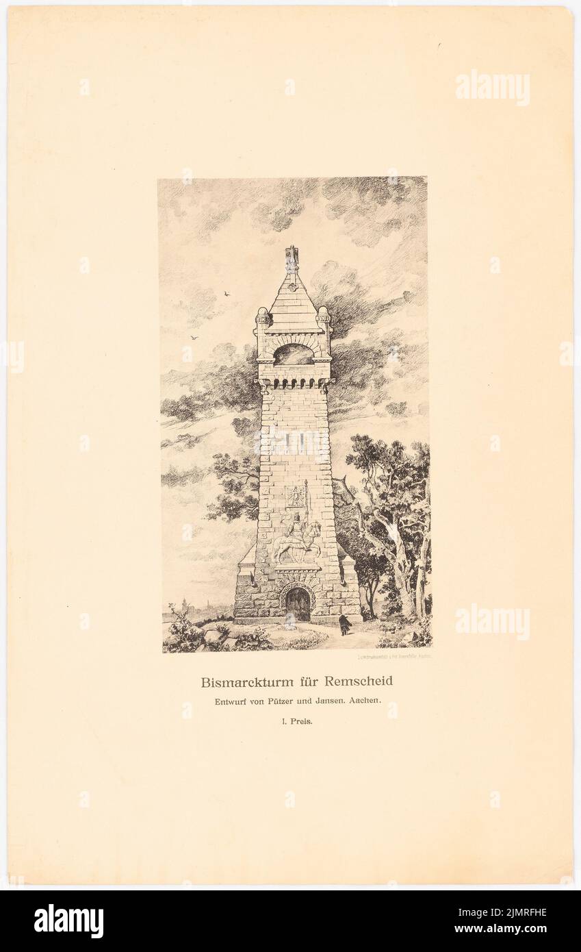 Jansen Hermann (1869-1945), Bismarck Tower, Remscheid (1897): Perspective view of the main front of the building in a typical landscape with a view of Remscheid. Pencil over light printing on the box, 52.3 x 34.2 cm (including scan edges) Jansen Hermann  (1869-1945): Bismarckturm, Remscheid Stock Photo