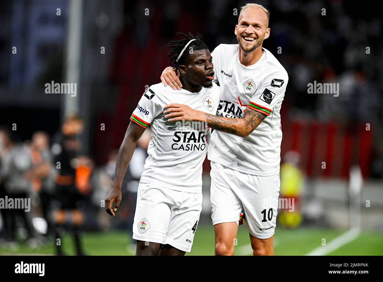 OHL's Raphael Holzhauser and OHL's Nachon Nsingi celebrates after