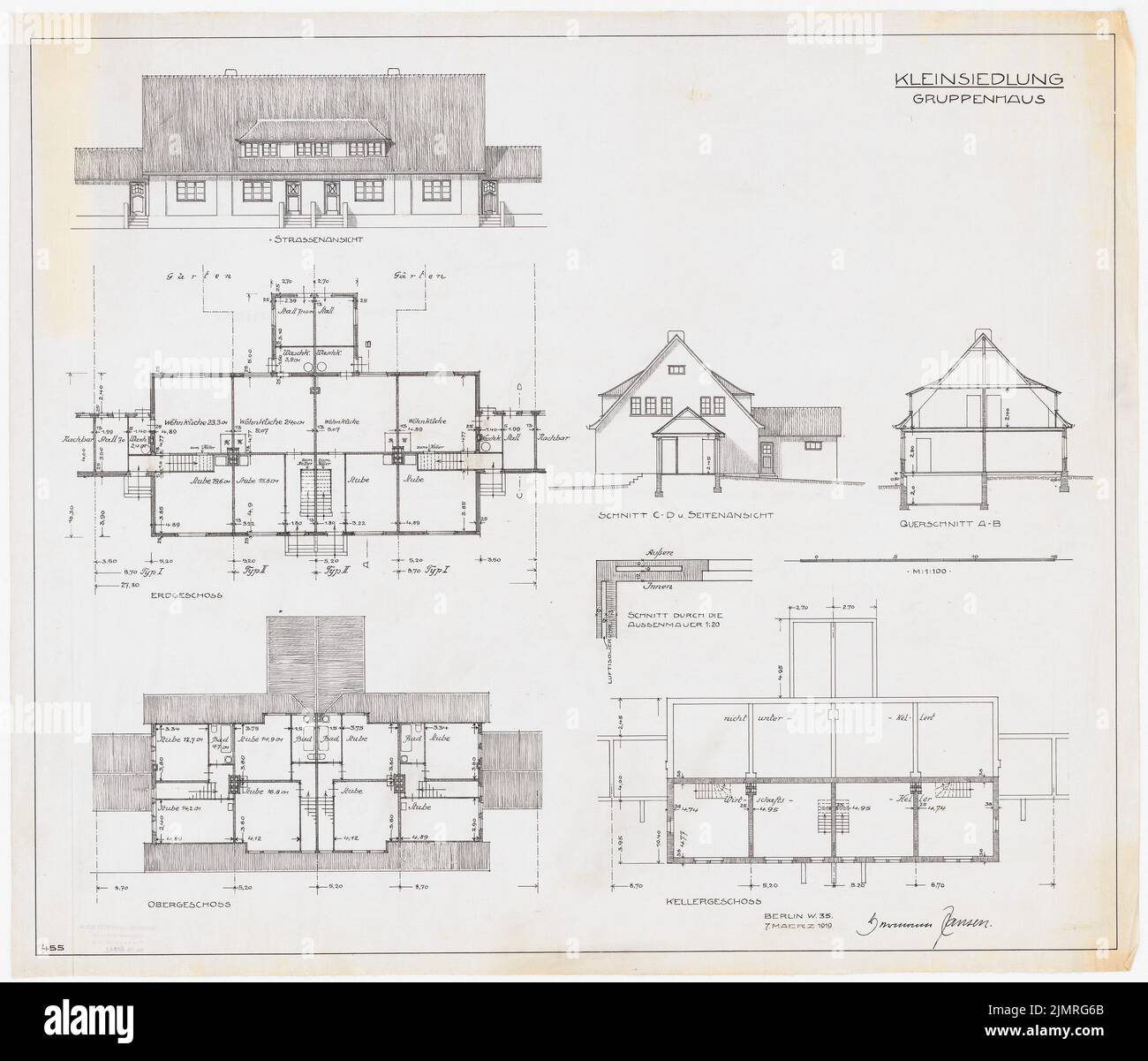 Jansen Hermann (1869-1945), sample houses for small settlements (07.03.1919): Group house Kleinsiedlung with front view, cross section A - B, cut C - D with side view, 3 floor plans of the basement, ground floor and O. Tusche and pencil on linen, 62 x 72.5 cm (including scan edges) Jansen Hermann  (1869-1945): Musterhäuser für Kleinsiedlungen Stock Photo