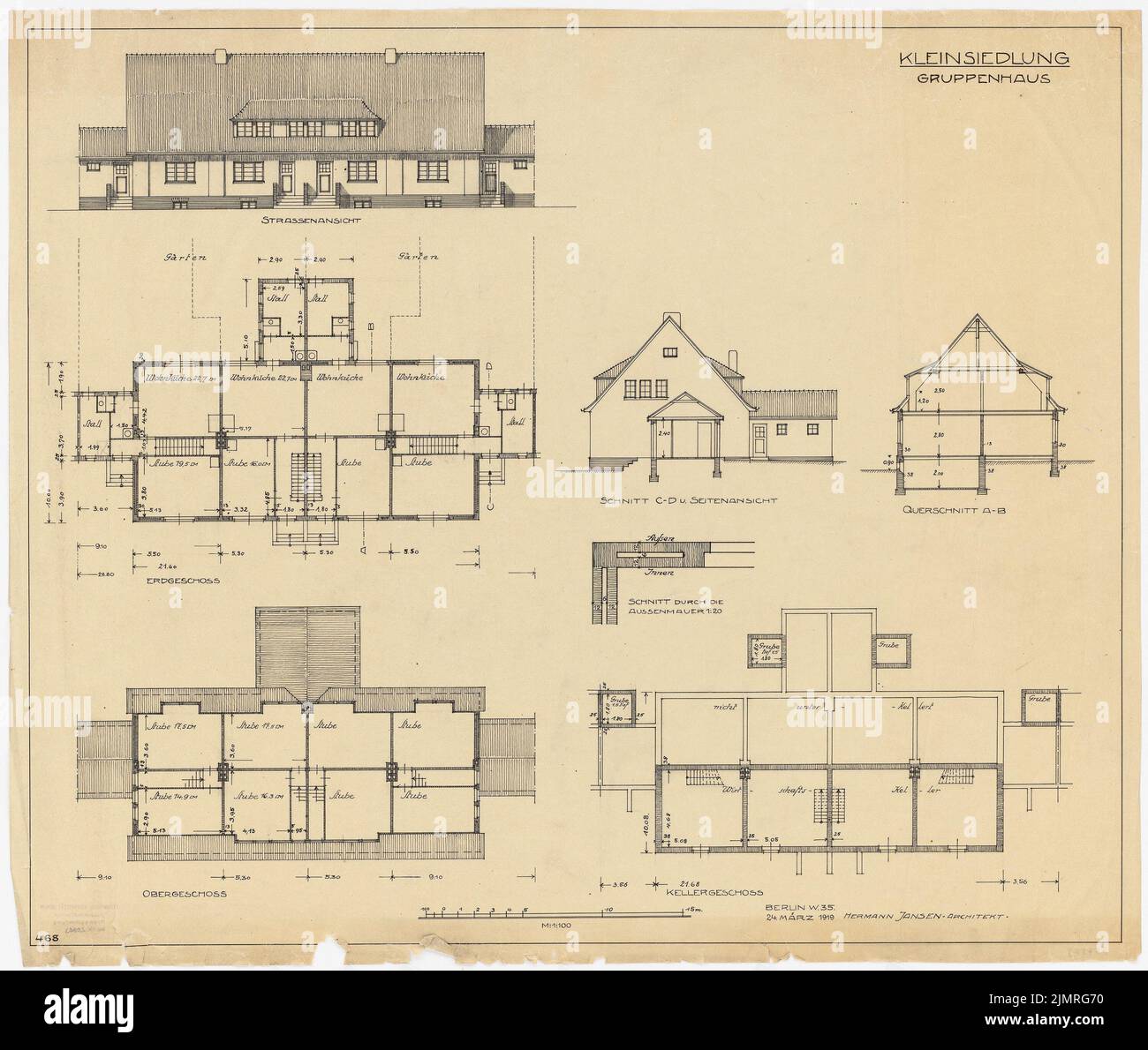 Jansen Hermann (1869-1945), model houses for small settlements (24.03.1919): Group house Kleinsiedlung with front view, cross section A - B, cut C - D with side view, 3 floor plans from the basement and o. tus and pencil on transparent, 60 , 2 x 71.1 cm (including scan edges) Jansen Hermann  (1869-1945): Musterhäuser für Kleinsiedlungen Stock Photo