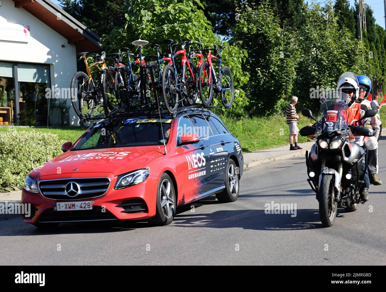 Krakow, Poland - August 5, 2022:  Ineos Team vehicle on the route of Tour de Pologne UCI – World Tour, stage 7 Skawina - Krakow. The biggest cycling event in Eastern Europe. Stock Photo