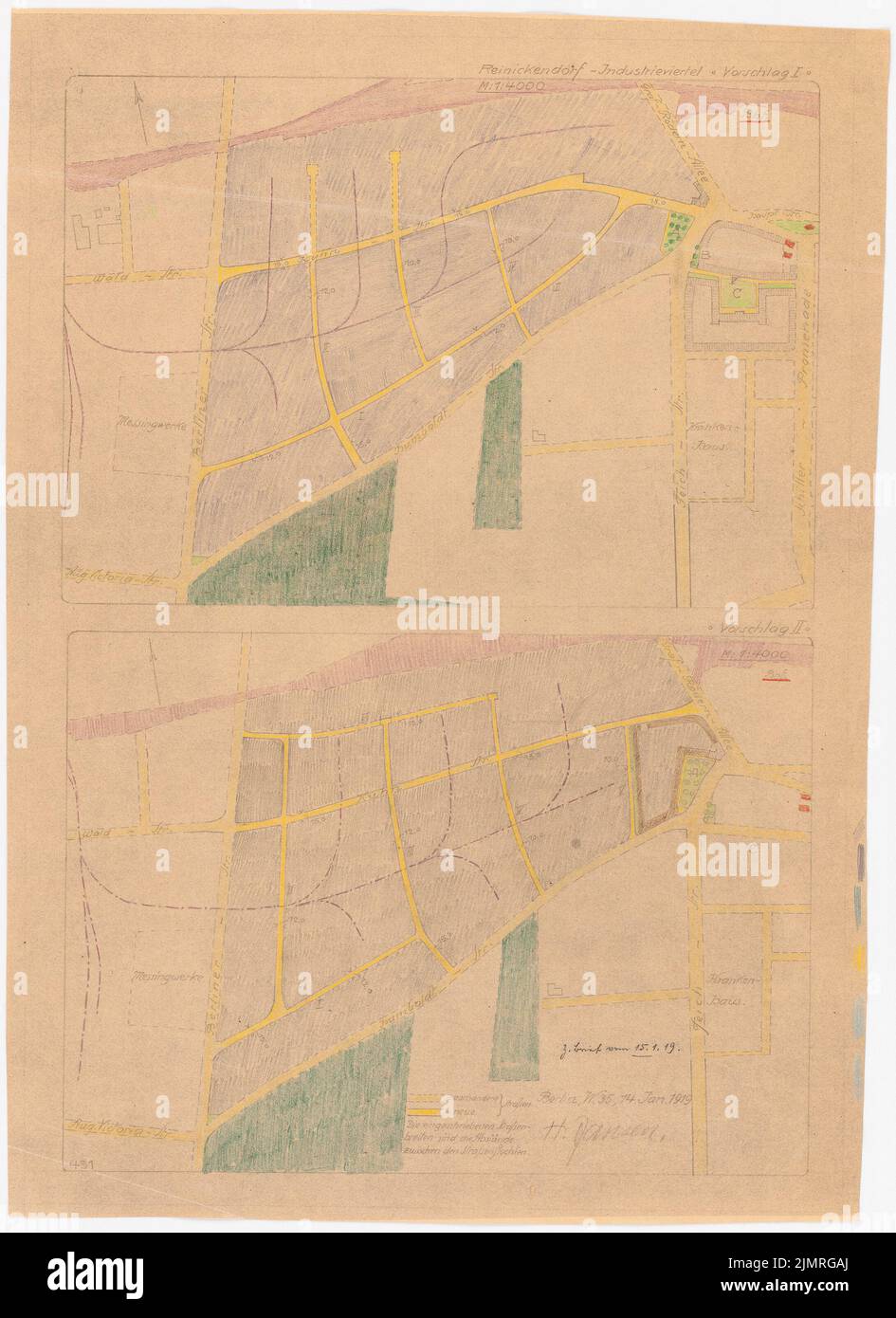 Jansen Hermann (1869-1945), development plan for Berlin-Reinickendorf (January 14, 1919): Depending plan area between Berliner and Humboldtstr. and the Stadtbahn site, alternative planning, designation of an industrial area, proposal I un. Colored pencils over a break on paper, 69.6 x 50.6 cm (including scan edges) Jansen Hermann  (1869-1945): Bebauungsplan Berlin-Reinickendorf Stock Photo