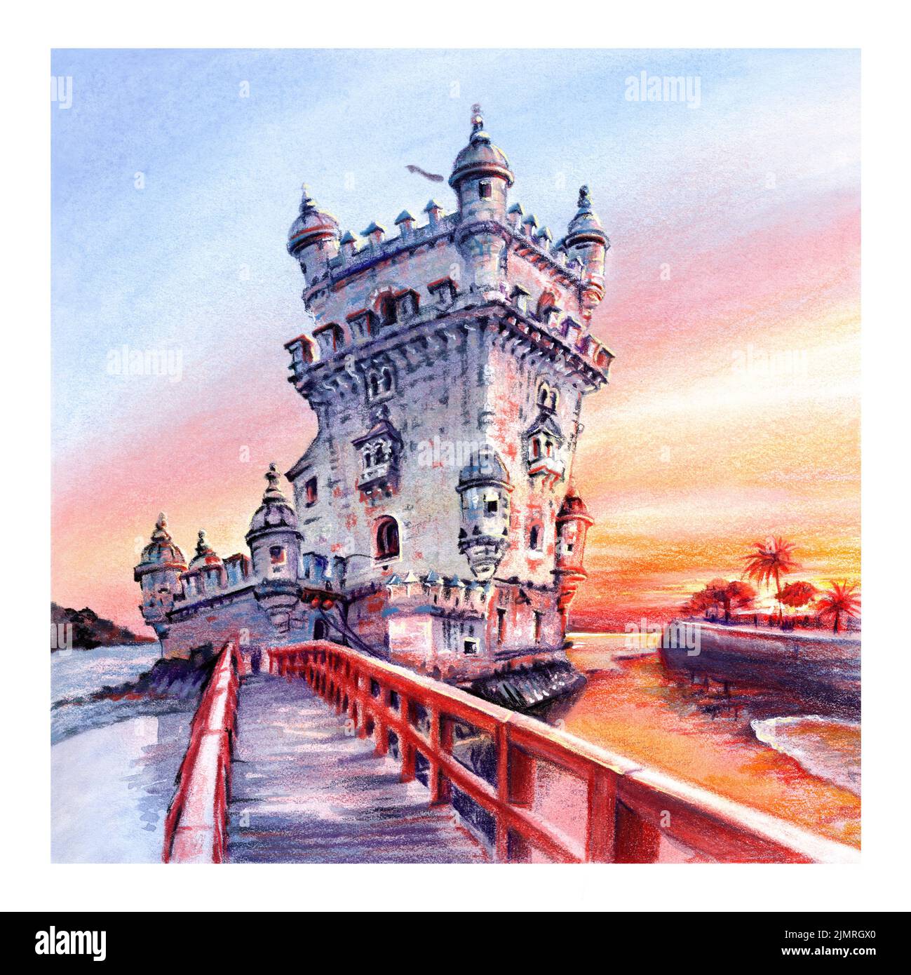 Watercolor sketch of Belem Tower at scenic sunset, Lisbon, Portugal Stock Photo