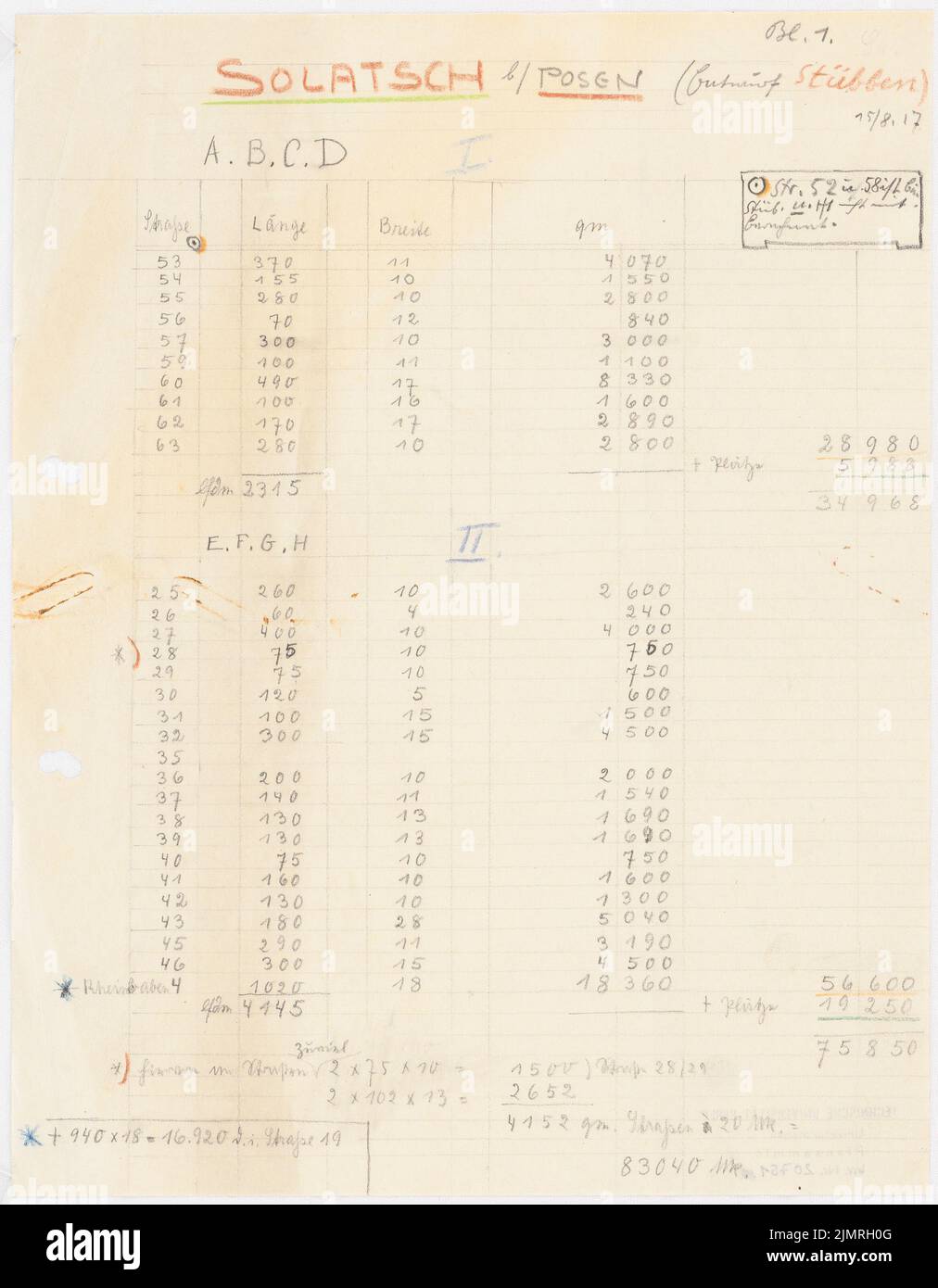Jansen Hermann (1869-1945), city expansion for Solatsch to the Residenzstadt Poznan (15.08.1917): Lists (7 leaves) for the comparison of the designated streets in the projects of Stübben and Jansen (the installation includes Inv.No. 2075. Pencil on paper, 28.9 x 22.5 cm (including scan edges) Jansen Hermann  (1869-1945): Stadterweiterung für Solatsch zur Residenzstadt Posen Stock Photo