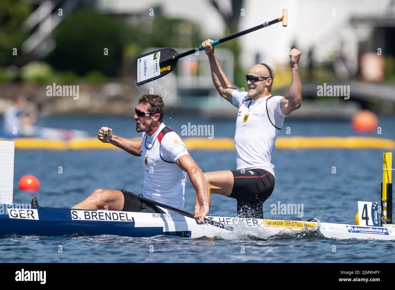 August 7, 2022, Dartmouth, NS, Canada: Sebastian Brendel, left, and  teammate Tim Hecker, of Germany, react after winning gold in the C2  menâ€šÃ„Ã´s 1000m during the ICF Canoe Sprint and Paracanoe World