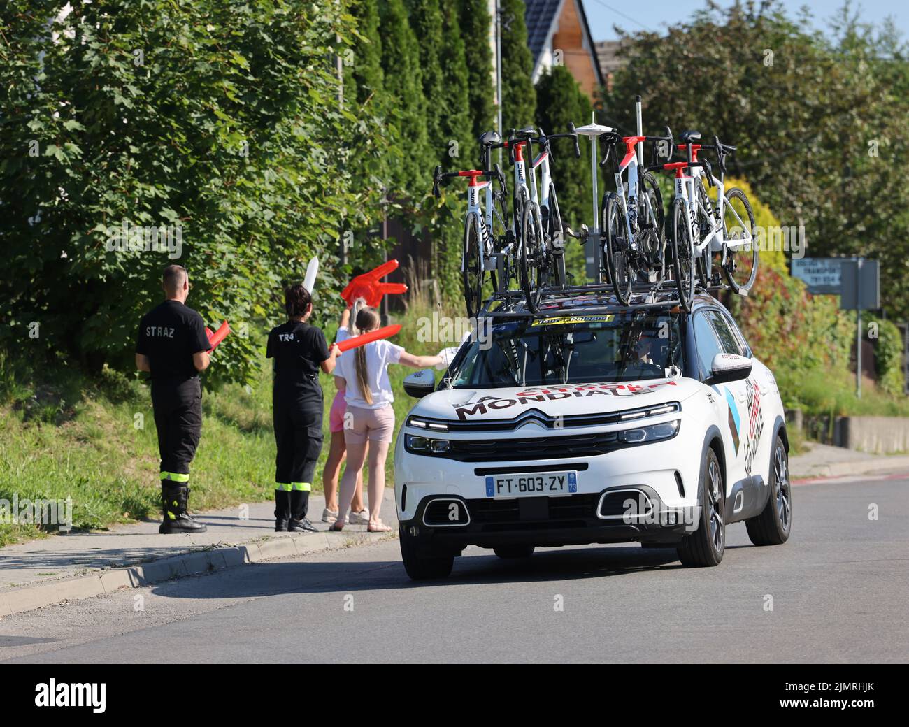 Krakow, Poland - August 5, 2022:  Ag2r Citroen Team vehicle on the route of Tour de Pologne UCI – World Tour, stage 7 Skawina - Krakow. The biggest cycling event in Eastern Europe. Stock Photo
