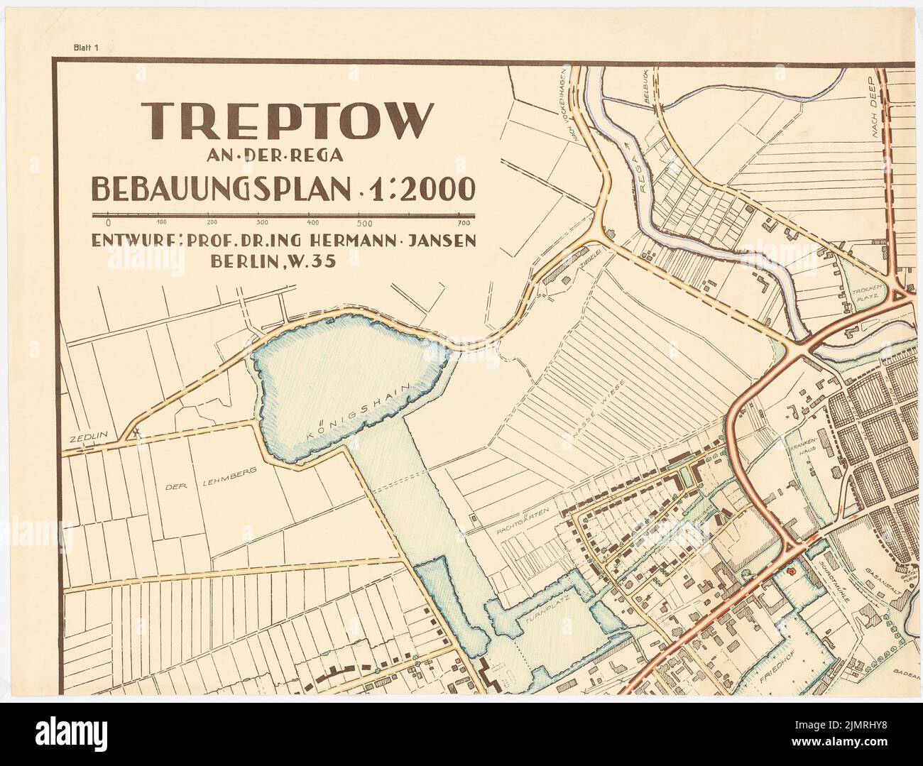 Jansen Hermann (1869-1945), development plan of the city expansion, Treptow/Rega (January 10, 1927): Basic plan and site plan 1: 2000, consisting of four leaves: Inv.No. 21409, 21410, 21411, 21412, here sheet 1, scale bar. Colored pencils over pressure on cardboard, 69.5 x 91.3 cm (including scan edges) Jansen Hermann  (1869-1945): Bebauungsplan der Stadterweiterung, Treptow/Rega Stock Photo