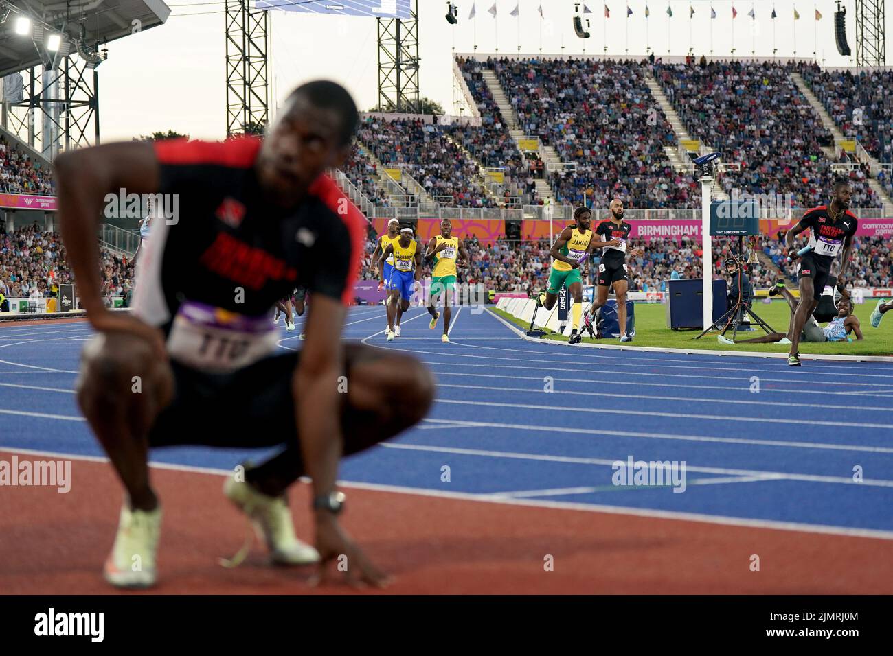 A general view as Trinidad and Tobago’s Kashief King is seen in action during the Men’s 4 x 400m Relay Final at Alexander Stadium on day ten of the 2022 Commonwealth Games in Birmingham. Picture date: Sunday August 7, 2022. Stock Photo