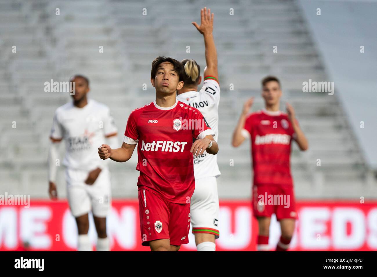 Antwerp's Koji Miyoshi reacts during a soccer match between Royal