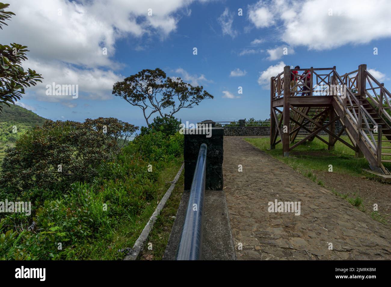 Wooden viewpoint tower overlooking the forest landscape at Viewpoint Nature park, Mauritius Stock Photo