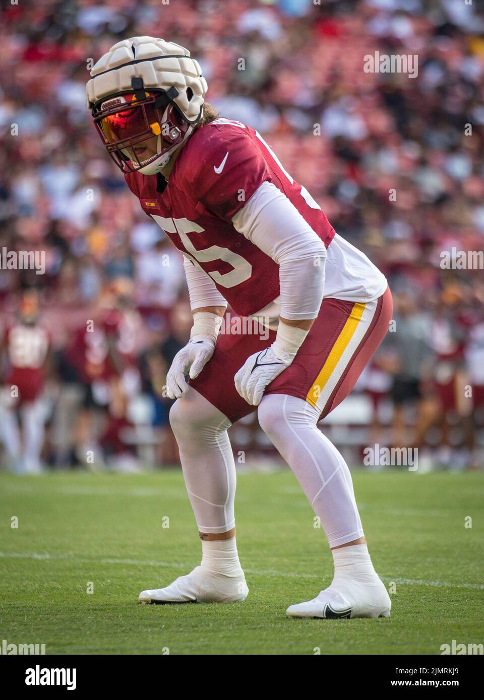 Washington Redskins linebacker Cole Holcomb (55) defends against the Dallas  Cowboys during the second half of an NFL football game in Arlington, Texas,  Sunday, Dec. 15, 2019. (AP Photo/Michael Ainsworth Stock Photo - Alamy