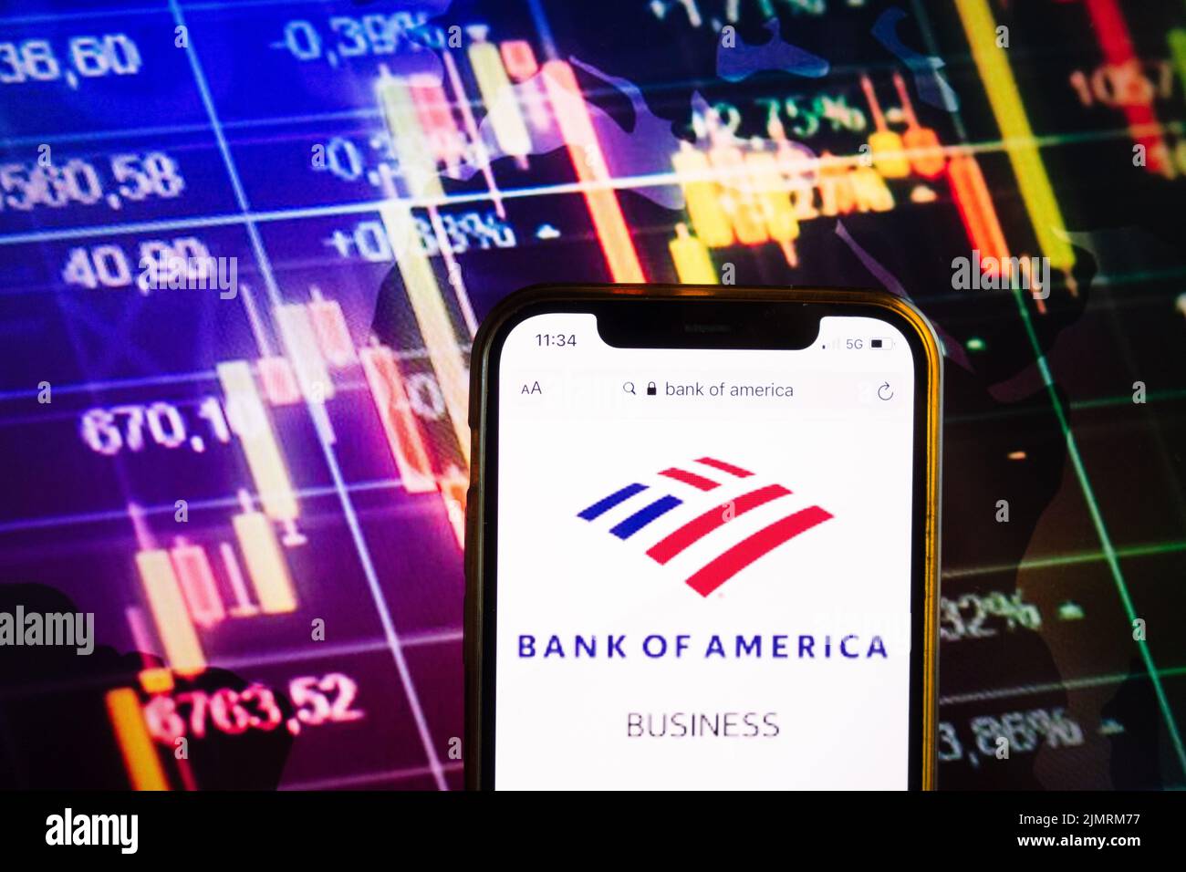 KONSKIE, POLAND - August 07, 2022: Smartphone displaying logo of Bank of America Corporation on stock exchange diagram background Stock Photo