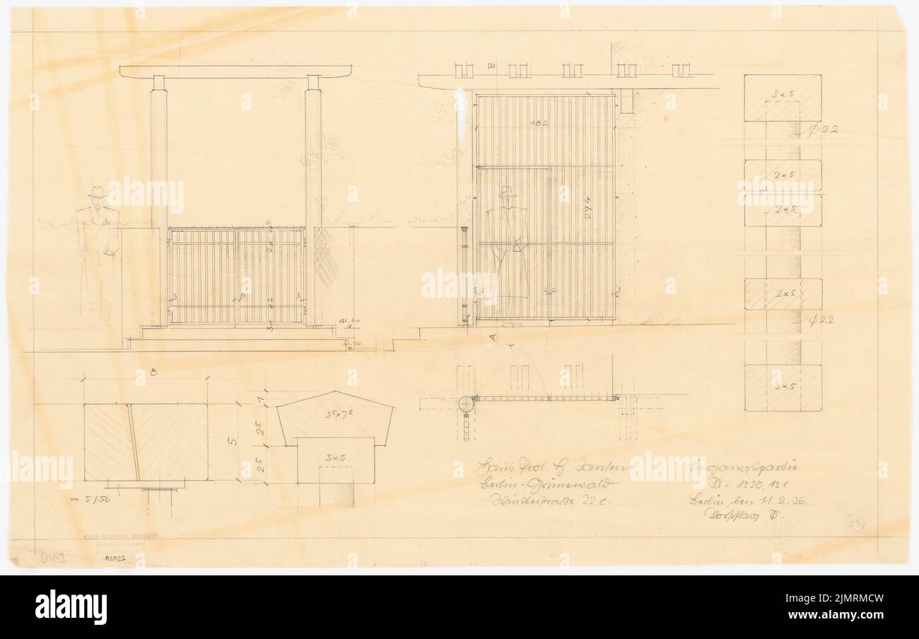 Jansen Hermann (1869-1945), Haus Jansen in Berlin-Grunewald (11.02.1936): Outside facilities, entrance gate: Upper front front, side front, floor plan on the left of the kitchen path 1:20, profile graduation and entrance gate. Pencil on transparent, 37.3 x 59.5 cm (including scan edges) Jansen Hermann  (1869-1945): Haus Jansen, Berlin-Grunewald Stock Photo