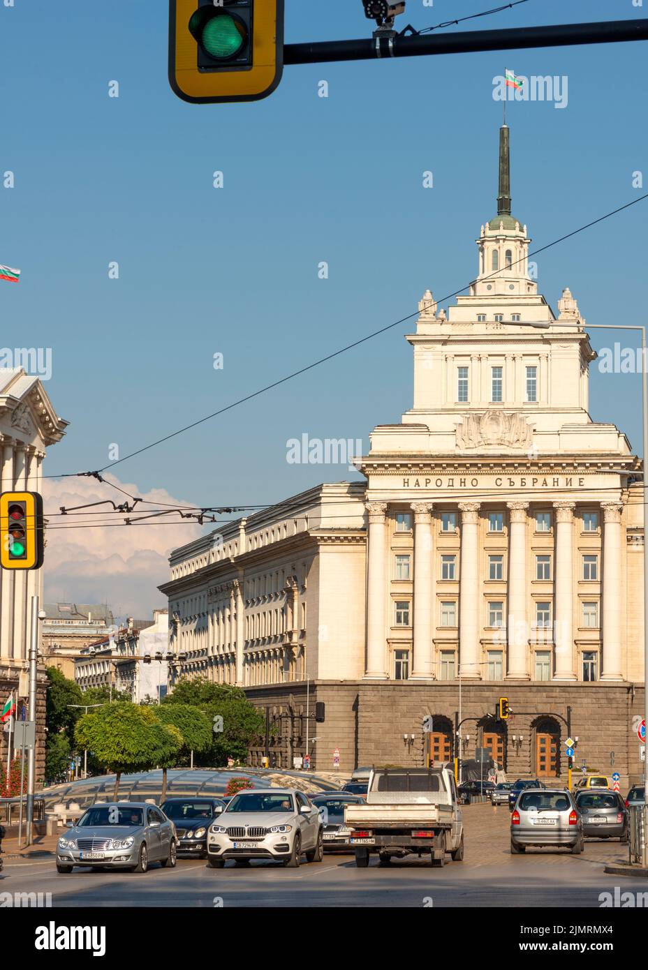 Sofia Bulgaria car traffic at the National Assembly or former Communist Party House and the Council of Ministers, Eastern Europe, Balkans, EU Stock Photo