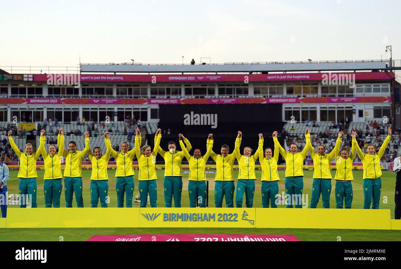 Australia players celebrate winning Gold after defeating India at Edgbaston Stadium on day ten of 2022 Commonwealth Games in Birmingham. Picture date: Sunday August 7, 2022. Stock Photo