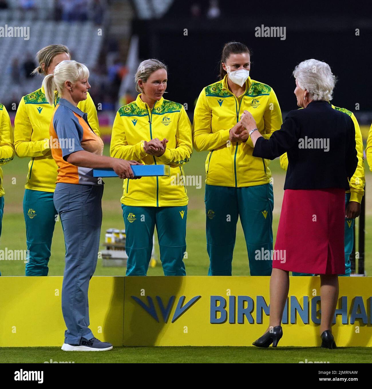 Australia's Tahlia McGrath receives her medal whislst wearing a mask at Edgbaston Stadium on day ten of 2022 Commonwealth Games in Birmingham. Picture date: Sunday August 7, 2022. Stock Photo