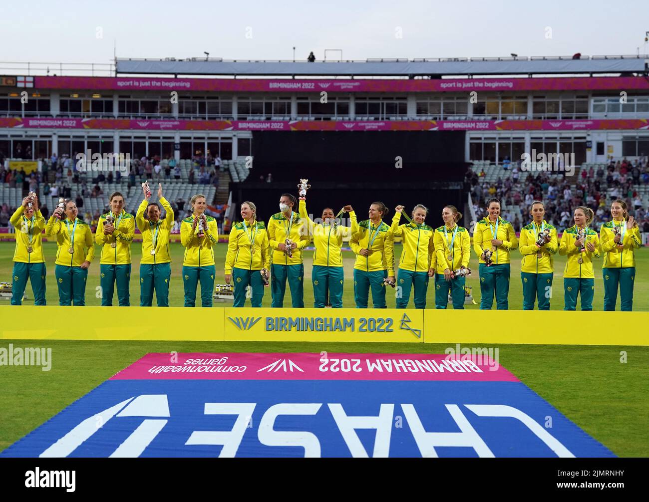 Australia's players celebrate with their medals at Edgbaston Stadium on day ten of 2022 Commonwealth Games in Birmingham. Picture date: Sunday August 7, 2022. Stock Photo