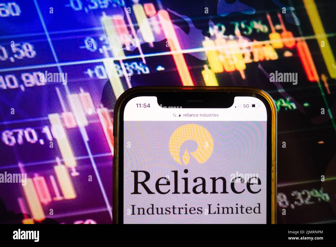 KONSKIE, POLAND - August 07, 2022: Smartphone displaying logo of Reliance Industries Limited on stock exchange diagram background Stock Photo